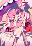  1girl alternate_eye_color bed blonde_hair boots bow choker curly_hair dress earrings eyepatch hair_bow harime_nui jewelry kill_la_kill knee_boots leehyun long_hair pink_dress ribbon sitting smile solo twintails umbrella violet_eyes wrist_cuffs 