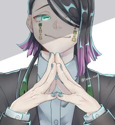  1boy absurdres aqua_eyes black_hair black_jacket commentary_request demon_boy enmu_(kimetsu_no_yaiba) evil_smile facial_mark highres jacket kimetsu_no_yaiba long_hair own_hands_together red_hair ryosei_0207 shirt smile solo white_shirt 