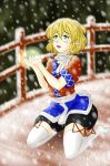  1girl blonde_hair blurry bridge crying depth_of_field facing_away fingernails glowing green_eyes hands_up layered_dress looking_up mizuhashi_parsee no_shoes open_mouth pointy_ears railing scarf short_hair short_sleeves sitting snowing solo streaming_tears tears thighhighs touhou wariza yuzuzen 