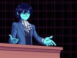  1other ace_attorney animated animated_gif ascot blazer blue_hair blue_skin closed_eyes closed_mouth colored_skin commentary cosplay deltarune desk english_commentary formal_clothes frilled_ascot frills haruch1 highres jacket kris_(dark_world)_(deltarune) kris_(deltarune) kris_(lawyer)_(deltarune) lawyer long_sleeves miles_edgeworth miles_edgeworth_(cosplay) official_alternate_costume other_focus parody scene_reference shaking_head shirt smile smug solo suit upper_body utdr_(toby_fox) vest 