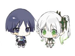  1boy 1girl anklet armlet arms_at_sides asymmetrical_sidelocks belt black_belt black_bodysuit black_bow black_bridal_gauntlets black_eyes black_hair black_shoes black_shorts bloomers blue_kimono blue_sleeves blunt_ends blush_stickers bodysuit bow bridal_gauntlets bright_pupils chibi chibi_only choppy_bangs closed_mouth colored_tips cross-shaped_pupils detached_sleeves dress eyelashes full_body genshin_impact gold_anklet gold_armlet gold_trim green_eyes green_hair green_sleeves hand_on_own_face hand_on_own_hip hand_up japanese_clothes jewelry juban kimono layered_sleeves leg_warmers long_hair looking_at_another multicolored_hair nahida_(genshin_impact) open_clothes open_kimono pointy_ears purple_sash sash scaramouche_(genshin_impact) shoes short_dress short_sleeves shorts side_ponytail sidelocks smile socks standing symbol-shaped_pupils tareme toeless_socks wanderer_(genshin_impact) white_background white_bloomers white_dress white_hair white_kimono white_leg_warmers white_pupils white_sleeves white_socks wolf_cut yoyuyu_0 