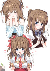  1girl :d ^_^ bare_shoulders berry's black_ribbon blonde_hair blue_bow blue_bowtie blue_eyes blush bow bowtie breasts brocon brown_hair buttons closed_eyes collared_shirt commentary_request cropped_torso double-breasted dress_shirt hair_bow hair_ribbon hands_on_own_cheeks hands_on_own_face hands_up happy heart heart_in_mouth houkou_yuuka index_fingers_together long_sleeves looking_at_viewer medium_breasts medium_hair multiple_views necktie oekaki off-shoulder_shirt off_shoulder open_mouth outline paint_chat_(medium) pink_necktie puffy_short_sleeves puffy_sleeves red_bow red_ribbon ribbon ribbon-trimmed_sleeves ribbon_trim school_uniform shirt short_sleeves shy sidelocks simple_background smile spaghetti_strap takepoison translation_request two_side_up upper_body white_background white_outline white_shirt 