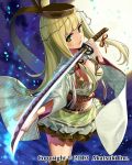  1girl absurdres blonde_hair breasts glowing glowing_sword glowing_weapon green_eyes highres katana long_hair makai_touitsu_chaos_blade matsui_hiroaki obi official_art solo sword thighhighs weapon zettai_ryouiki 