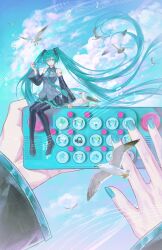  1girl absurdres aqua_eyes aqua_hair aqua_nails aqua_trim bare_shoulders bird black_sleeves blue_sky breasts chinese_commentary clouds commentary_request detached_sleeves dove floating_hair grey_shirt hair_between_eyes hair_ornament hatsune_miku headset highres long_hair looking_at_viewer musical_note musical_staff necktie number_tattoo pov pov_hands san_wu_mao_liang shirt sitting skirt sky sleeveless sleeveless_shirt smile solo tattoo thigh-highs twintails very_long_hair vocaloid 