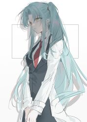  1girl absurdres angela_(project_moon) black_vest blue_hair closed_mouth coat collared_shirt cowboy_shot expressionless hair_tie highres lab_coat lobotomy_corporation long_hair long_sleeves necktie ondoiro one_side_up parted_bangs profile project_moon red_necktie shade shirt side_ponytail sidelocks simple_background solo very_long_hair vest white_background white_coat white_shirt wing_collar yellow_eyes 