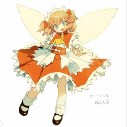  1girl ascot blue_eyes blush bow canariadraw capelet character_name commentary dated fairy fairy_wings frilled_skirt frills full_body hair_bow headdress highres looking_at_viewer loose_socks mary_janes open_mouth orange_hair puffy_short_sleeves puffy_sleeves red_bow red_skirt red_vest ribbon sash shirt shoes short_hair short_sleeves simple_background skirt skirt_set smile socks solo standing sunny_milk tongue tongue_out touhou two_side_up untranslatable_commentary vest white_background white_shirt white_socks wings yellow_ascot 