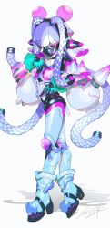  1girl absurdres cable cheri_zao commentary full_body glasses highres mecha_musume original robot_girl round_eyewear simple_background solo untranslatable_commentary violet_eyes white_background 