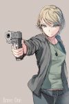  1girl belt blonde_hair blue_eyes daito dog_tags gun handgun original pistol short_hair solo taut_clothes taut_shirt weapon 