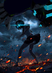  1girl absurdres clenched_teeth clouds cloudy_sky embers glowing hairband highres key_visual mecha miniskirt official_art panties promotional_art robot school_uniform serafuku shirt short_hair short_sleeves skirt sky socks teeth todo_haruka underwear vertex_force white_panties white_serafuku white_shirt white_socks wind 