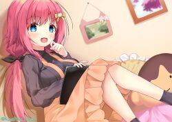  1girl :d black_bow black_sweater blue_eyes blush bow breasts casual cat_hair_ornament commentary_request debikuma dutch_angle eyes_visible_through_hair feet_out_of_frame frilled_pillow frilled_skirt frills hair_between_eyes hair_bow hair_ornament hamidashi_creative hands_up highres indoors knees_together_feet_apart knees_up large_breasts long_hair long_sleeves looking_at_viewer low_twintails medium_skirt on_bed open_mouth orange_skirt picture_frame pillow pink_hair ribbed_sweater sitting skirt smile solo suspender_skirt suspenders sweater tareme tokiwa_kano turtleneck turtleneck_sweater twintails twitter_username very_long_hair yellow_bow 