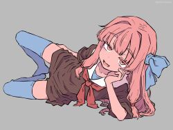 1girl :d arm_support artist_name blue_bow blue_shirt blue_thighhighs bow brown_shirt collarbone fang full_body grey_background hair_bow hair_intakes hair_ornament hair_tie hand_on_own_face hand_on_own_leg highres jitome kotonoha_akane looking_at_viewer lying on_side open_mouth pink_hair raised_eyebrows red_eyes red_sailor_collar sailor_collar semicolonize shirt simple_background skin_fang smile solo synthesizer_v thigh-highs twitter_username vocaloid voiceroid