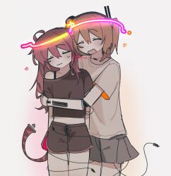  2girls a.i._voice adachi_rei android black_shirt black_shorts cable closed_eyes closed_mouth commentary cowboy_shot grey_shorts hair_down heart highres hug joints kasane_teto long_hair multiple_girls open_mouth orange_hair red_hair robot_joints shirt short_shorts short_sleeves shorts simple_background single_off_shoulder standing t-shirt tail untranslatable_commentary utau vananannn03 yuri 