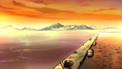  barrel boat clouds dock evening game_asset horizon kouyoku_senki_exs-tia lake landscape lens_flare mountain mountainous_horizon no_humans non-web_source ocean official_art orange_sky outdoors pier scenery self-datamine ship sky sun sunset water watercraft 