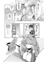  1boy 3girls absurdres animal_ears bird breasts commentary_request highres horse_ears horse_girl horse_tail indoors jacket long_hair low_twintails mejiro_mcqueen_(umamusume) multiple_girls partially_unzipped shine_shima tail tokai_teio_(umamusume) trainer_(umamusume) translation_request twintails umamusume window yamanin_zephyr_(umamusume) 