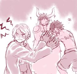  3boys ? arm_tattoo ascot back_tattoo caydeus coat commentary fake_horns gloves hiding horns monkey_d._luffy monochrome multiple_boys one_piece portgas_d._ace sabo_(one_piece) scar scar_on_face short_hair shorts squiggle tattoo 