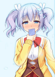  1girl absurdres amairo_islenauts blue_background blue_eyes blue_hair blue_outline blunt_bangs blush bow bowtie butterfly_hair_ornament cardigan commentary_request cowboy_shot fen_cichlid_girls_academy_school_uniform hair_ornament hair_ribbon half-closed_eyes hand_up highres holding holding_phone long_sleeves looking_at_phone medium_hair nose_blush open_cardigan open_clothes outline phone red_bow red_bowtie red_skirt ribbon school_uniform shiraga_airi shirt shrimp_3 sidelocks simple_background skirt solo twintails underbust white_ribbon white_shirt yellow_cardigan 