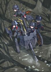  3.7_cm_pak_36 absurdres ammunition ammunition_box binoculars boots combat_helmet commentary crawling english_commentary erica_(naze1940) field_gun gun gun_shield helmet highres military_uniform mud multiple_girls pale_skin pointing rain shell shell_casing smoke stahlhelm tree weapon wheel 