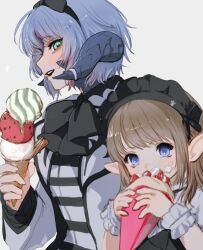  2girls au_ra blue_eyes blue_hair blush bow brown_hair coat commentary crepe dragon_girl dragon_horns eating final_fantasy final_fantasy_xiv food food_on_face green_eyes headband holding holding_food holding_ice_cream horns ice_cream lalafell looking_at_another maid_headdress medium_hair moth_ram multicolored_hair multiple_girls open_mouth original pink_hair pointy_ears scales short_hair sidelocks simple_background smile two-tone_hair untranslatable_commentary warrior_of_light_(ff14) white_background wrist_cuffs 