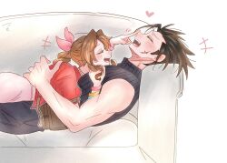  +++ 1boy 1girl 7_(milu577610) aerith_gainsborough bangle bare_arms bare_shoulders black_hair blush bracelet braid braided_ponytail brown_hair commentary_request couch couple cowboy_shot cross_scar dress facing_another final_fantasy final_fantasy_vii final_fantasy_vii_remake finger_to_another's_nose from_side hair_ribbon heart hetero highres jacket jewelry long_hair lying lying_on_person motion_lines on_back on_couch on_stomach open_mouth pink_dress pink_ribbon ponytail profile red_jacket ribbed_sweater ribbon scar scar_on_cheek scar_on_face short_hair sleeveless sleeveless_turtleneck smile sweater turtleneck turtleneck_sweater zack_fair 