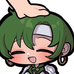  1girl armor blush closed_eyes commission commissioner_upload earrings emoticon fee_(fire_emblem) fire_emblem fire_emblem:_genealogy_of_the_holy_war gliesse82_5 green_hair hand_on_another's_head headband headpat hoop_earrings jewelry open_mouth shoulder_armor solo_focus white_headband 