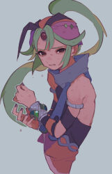  1boy arabian_clothes armlet black_shirt blue_scarf bracer commentary_request cropped_torso forehead_jewel from_side green_hair grey_background grimace hat high_ponytail highres hursh_(outlander)_(puyopuyo) hursh_(puyopuyo) jewelry long_hair looking_at_viewer looking_to_the_side male_focus nail_polish parted_lips ponytail purple_hat purple_nails puyopuyo puyopuyo_quest red_eyes scarf shirt simple_background sleeveless sleeveless_shirt solo turban urolo very_long_hair 