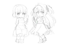  2girls :d ame. bow breasts champagne_flute closed_mouth commentary_request cup dress drinking_glass greyscale hair_bow hair_intakes high_heels holding holding_cup kamiina_botan kamiina_botan_yoeru_sugata_wa_yuri_no_hana long_hair medium_breasts monochrome multiple_girls puffy_short_sleeves puffy_sleeves shirt shoes short_hair short_sleeves simple_background sketch sleeveless sleeveless_dress smile tonami_ibuki two_side_up very_long_hair white_background 