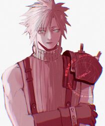  1boy armor blue_eyes closed_mouth cloud_strife eyes_visible_through_hair final_fantasy final_fantasy_vii final_fantasy_vii_remake gloves grey_background hand_on_own_arm highres male_focus ribbed_sweater shinogu_r short_hair shoulder_armor signature single_bare_shoulder sleeveless sleeveless_sweater sleeveless_turtleneck solo spiky_hair suspenders sweater turtleneck turtleneck_sweater upper_body watermark 