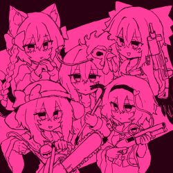 5girls :/ animal_ears bow braid buttons cat_ears chainsaw closed_mouth crowbar disembodied_linked_eye dress eyeball fang gun hair_bow hair_ornament hairband hat hat_bow hata_no_kokoro heart heart_button heart_hair_ornament highres holding holding_chainsaw holding_crowbar holding_gun holding_weapon kaenbyou_rin komeiji_koishi komeiji_satori long_hair long_sleeves looking_at_viewer mask mask_on_head monochrome multiple_girls multiple_tails nekomata open_mouth pink_theme rampa93 reiuji_utsuho shirt shotgun skin_fang skirt smile tail touhou twin_braids two_tails weapon weapon_request wide_sleeves 