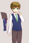  1boy argyle argyle_legwear argyle_socks blush brown_hair child free! funikurikurara green_eyes male necktie open_mouth short_hair socks solo tachibana_makoto vest younger 