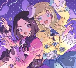 2girls :d asuka_ruu black_hair blonde_hair blue_eyes blue_nails blue_skirt blush_stickers braid collared_shirt fang floral_print fudou_devi ghost_hair_ornament hair_ornament hands_up highres juliet_sleeves kiratto_pri_chan ku_(kuooss) long_hair long_sleeves medium_hair multiple_girls nail_polish parted_bangs pink_eyes pink_shirt pretty_series print_shirt puffy_sleeves purple_nails purple_skirt shirt single_braided_sidelock skirt smile star_(symbol) star_hair_ornament torn_clothes torn_sleeves upper_body wide_sleeves yellow_shirt 