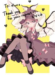  1girl animal_ears arms_up bird_ears bird_wings blush border bow bowtie brown_dress brown_hat brown_thighhighs canariadraw closed_mouth collared_shirt commentary_request dress english_text feathered_wings fingernails frilled_dress frilled_sleeves frills full_body hair_between_eyes hat heart highres long_sleeves looking_at_viewer mystia_lorelei pink_bow pink_eyes pink_hair puffy_sleeves shirt shoes short_hair simple_background sleeve_garter solo thank_you thigh-highs touhou two-tone_background white_shirt white_wings wide_sleeves winged_hat wings yellow_background 