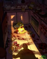  1other absurdres bread commentary dishes doorway english_commentary faucet food food_on_face food_on_floor frying_pan full_body highres indoors jam kitchen looking_at_viewer misunderstanding plate pokemon pokemon_(creature) psyduck refrigerator rhond_45 shadow signature silhouette sink sitting stool tile_floor tiles toaster twitter_username 