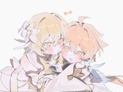  1boy 1girl aether_(as_heaven_and_earth_are_made_anew)_(genshin_impact) aether_(genshin_impact) ahoge artist_name back_bow bare_shoulders black_gloves black_shirt blonde_hair blue_cape blush bow brother_and_sister cape closed_mouth commentary_request detached_sleeves dress earrings fingerless_gloves floating_hair flower genshin_impact gloves gold_ring grumpy hair_between_eyes hair_flower hair_ornament heart hug iloveri_yuet_t jacket jewelry juliet_sleeves long_hair long_sleeves looking_at_another low_ponytail lumine_(as_heaven_and_earth_are_made_anew)_(genshin_impact) lumine_(genshin_impact) official_alternate_costume official_alternate_hairstyle open_clothes open_jacket open_mouth orange_hair ponytail puffy_sleeves shirt short_hair siblings sidelocks simple_background single_earring sleeveless sleeveless_dress smile sparkle star_(symbol) star_earrings turtleneck turtleneck_shirt white_background white_bow white_dress white_flower white_jacket white_sleeves wide_sleeves yellow_eyes 