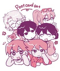  2girls 4boys absurdres alternate_costume alternate_hairstyle aubrey_(faraway)_(omori) aubrey_(omori) basil_(faraway)_(omori) basil_(omori) bespectacled blush bright_pupils brother_and_sister brothers camera chibi chibi_only closed_eyes closed_mouth commentary dark-skinned_male dark_skin english_text eyewear_on_head glasses hair_between_eyes hair_bun hair_ornament hairclip hero_(faraway)_(omori) hero_(omori) highres holding holding_camera kel_(faraway)_(omori) kel_(omori) long_sleeves looking_at_viewer mari_(faraway)_(omori) mari_(omori) monochrome multiple_boys multiple_girls nat_omogu omori open_mouth parallel_hairclips ponytail red_theme round_eyewear semi-rimless_eyewear short_hair siblings sidelocks simple_background smile sunglasses sunny_(omori) tank_top under-rim_eyewear untranslatable_commentary v 