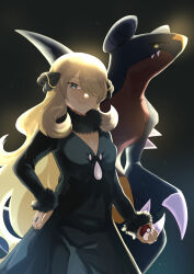 1girl absurdres black_collar blonde_hair closed_mouth coat collar commentary_request cynthia_(pokemon) fur_collar garchomp grey_eyes hair_ornament hair_over_one_eye hand_on_own_hip highres holding holding_poke_ball long_hair long_sleeves pani_(k43282) pants poke_ball poke_ball_(basic) pokemon pokemon_(creature) pokemon_diamond/pearl/platinum smile 