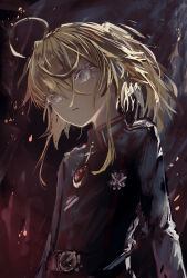  1girl absurdres ahoge belt blonde_hair cokei commentary hair_between_eyes highres jacket long_hair long_sleeves looking_at_viewer military_uniform solo tanya_degurechaff youjo_senki 