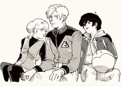  1girl 2boys ahoge banagher_links belt earth_federation earth_federation_space_forces greyscale gundam gundam_unicorn haro highres hood hood_down hoodie jacket looking_at_another military_uniform mineva_lao_zabi monochrome multiple_boys napp riddhe_marcenas robot simple_background sitting 