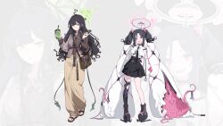  2girls absurdres ahoge asymmetrical_legwear bag black_hair black_necktie black_skirt brown_shirt cellphone character_request collared_shirt commentary copyright_request drink drinking_straw english_commentary full_body halo highres holding holding_drink holding_phone long_hair long_sleeves mismatched_legwear multiple_girls necktie nelomstarnell pants phone sandals shirt shoulder_bag single_thighhigh skirt smartphone thigh-highs twintails white_background white_shirt zoom_layer 