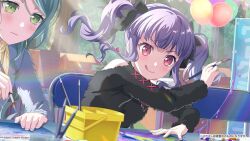  >:) 2girls :d aqua_hair balloon bang_dream! bang_dream!_girls_band_party! bare_shoulders box breasts chair closed_mouth earrings forest green_eyes hair_ribbon highres hikawa_sayo holding holding_paintbrush jewelry long_hair long_sleeves multiple_girls nature non-web_source official_art paintbrush painting_(action) purple_hair red_eyes ribbon smile tree twintails udagawa_ako v-shaped_eyebrows 
