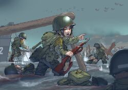  aircraft army battlefield combat_helmet czech_hedgehog d-day death erica_(naze1940) gun helmet highres injury invasion_of_normandy landing_craft m1_garand m1_helmet omaha_beach original partially_submerged pointing rifle soldier united_states_army war weapon world_war_ii 