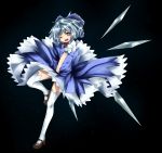  1girl absurdres black_background blue_eyes blue_hair bow cirno dress dress_shirt hair_bow highres ice ice_wings minoku_(hiromitvxq) open_mouth ribbon shirt short_hair smile solo thigh-highs touhou white_legwear wings 