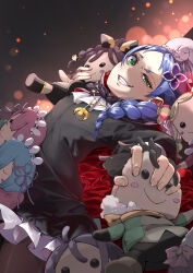  1girl absurdres anastasia_hoshin beatrice_(re:zero) black_cape black_dress blue_hair cape character_doll commentary_request cowboy_shot doll dress emilia_(re:zero) evil_grin evil_smile frilled_dress frills green_eyes grin hair_ornament half-closed_eye hatanana_(ag6uptphhal3frd) highres holding holding_stuffed_toy julius_juukulius light_blush long_hair long_sleeves looking_at_viewer lying meili_portroute natsuki_subaru on_back parted_bangs ram_(re:zero) re:zero_kara_hajimeru_isekai_seikatsu red_cape rem_(re:zero) shaula_(re:zero) short_dress smile solo stuffed_toy stuffing two-sided_cape two-sided_fabric 