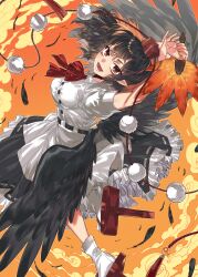  1girl :d arms_up belt black_belt black_feathers black_hair black_skirt black_wings bow bowtie breasts buttons collared_shirt commentary_request falling_feathers feathered_wings feathers frilled_skirt frills full_body geta grey_nagato hand_fan hat hauchiwa highres holding holding_fan looking_at_viewer medium_breasts open_mouth pointy_ears pom_pom_(clothes) puffy_short_sleeves puffy_sleeves red_bow red_bowtie red_eyes red_hat ribbon-trimmed_skirt ribbon_trim shameimaru_aya shirt short_sleeves skirt smile socks solo tengu-geta tokin_hat touhou white_shirt white_socks wings 
