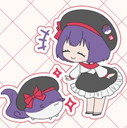 1girl alternate_costume aroevela black_hat black_skirt blush chibi closed_eyes closed_mouth frilled_skirt frills full_body hat leaning_forward lowres nagae_iku outline pink_outline purple_hair short_hair skirt smile sukusuku_hakutaku touhou white_outline 