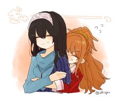  29_zyu 2girls black_hair blush brown_hair closed_eyes collared_shirt headband height_difference highres hino_akane_(idolmaster) hug hug_from_behind idolmaster idolmaster_cinderella_girls jewelry long_hair multiple_girls necklace ponytail sagisawa_fumika shawl shirt sleeves_rolled_up sweatdrop turtleneck yuri 