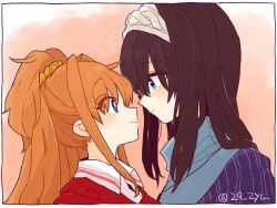  29_zyu 2girls black_hair blue_eyes blush brown_hair collared_shirt facing_another green_eyes hair_between_eyes height_difference highres hino_akane_(idolmaster) idolmaster idolmaster_cinderella_girls light_smile long_hair multiple_girls ponytail profile sagisawa_fumika shirt turtleneck yuri 