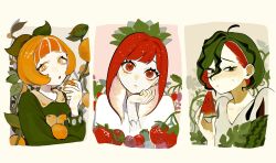  3girls :< :o absurdres aegyo_sal ahoge asymmetrical_bangs black_eyes blush bob_cut bright_pupils brown_shirt collared_shirt colored_inner_hair commentary dee_(tannsumi) eating eyelashes food freckles fruit green_hair green_nails green_sweater hair_between_eyes hand_on_own_chin hand_up hands_up head_back head_tilt highres holding holding_food holding_fruit leaf long_hair long_sleeves looking_at_viewer mandarin_orange multicolored_hair multiple_girls nail_polish object_and_personification orange_(fruit) original pale_skin parted_bangs personification plant puffy_cheeks red_eyes red_hair red_nails shirt short_hair sideburns sidelocks simple_background sleeve_cuffs slit_pupils strawberry sweatdrop sweater thick_eyelashes tsurime untranslatable_commentary upper_body v-neck vines watermelon watermelon_slice white_hair white_pupils white_shirt worried 