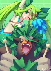  1girl arm_up commentary_request grass_miku_(project_voltage) green_background green_eyes green_hair green_skirt grin hair_ornament hand_up happy hatsune_miku long_hair musical_note musical_note_hair_ornament mythicat one_eye_closed pokemon pokemon_(creature) pom_pom_(cheerleading) project_voltage rillaboom shirt sidelocks skirt smile teeth twintails vocaloid x_hair_ornament 