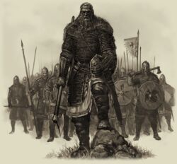  6+boys armor army artist_request axe beard boots cape chainmail closed_mouth commentary english_commentary facial_hair fur_cape helmet holding holding_axe holding_polearm holding_shield holding_unworn_helmet holding_weapon looking_at_viewer monochrome mount_&amp;_blade multiple_boys official_art pants polearm robe shield spear unworn_headwear unworn_helmet weapon 