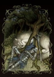  1boy 1other armor artorias_stance black_background border cape chainmail dark_souls_(series) dark_souls_i forest full_armor great_grey_wolf_sif greatsword grey_wolf hands_on_own_stomach highres knee_up lying mina_(minalaifey) nature on_back ornate_border plume sleeping sword torn_cape torn_clothes tree weapon wolf 